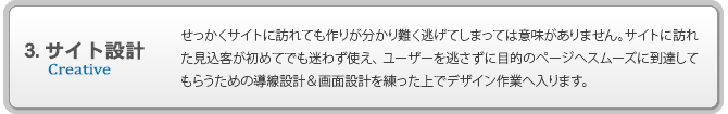 3.サイト設計 せっかくサイトに訪れても作りが分かり難く逃げてしまっては意味がありません。サイトに訪れた見込客が初めてでも迷わず使え、ユーザーを逃さずに目的のページへスムーズに到達してもらうための導線設計＆画面設計を練った上でデザイン作業へ入ります。